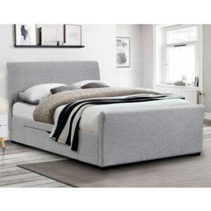 Cactus Linen Fabric King Size Bed In Light Grey With 2 Drawers