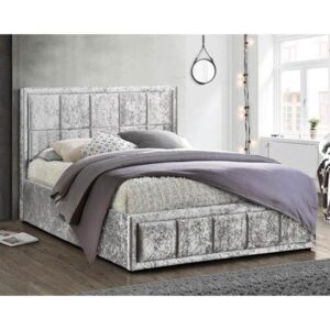 Hanover Fabric Ottoman Double Bed In Steel Crushed Velvet