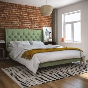 Hyeon Linen Fabric King Size Bed In Green