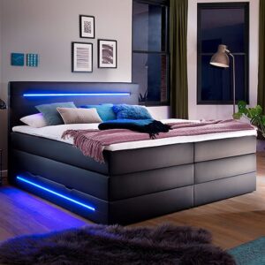Kassie Faux Leather Storage Double Bed In Black With LED