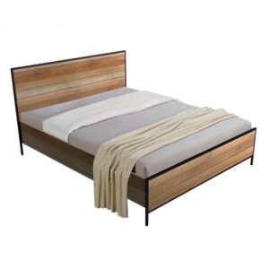 Malila Wooden Double Bed With Black Metal Frame In Oak
