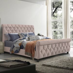 Morvey Velvet Fabric King Size Bed In Blush Pink