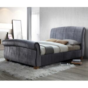 Waverly Sleigh King Size Bed In Grey Velvet With Wooden Legs