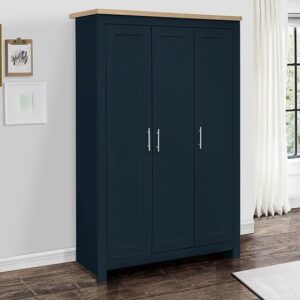 Highland Wooden Wardrobe With 3 Doors In Navy Blue And Oak