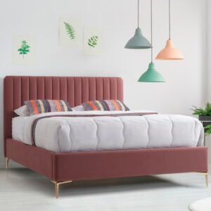 Lenox Velvet Fabric King Size Bed In Blush With Gold Metal Legs