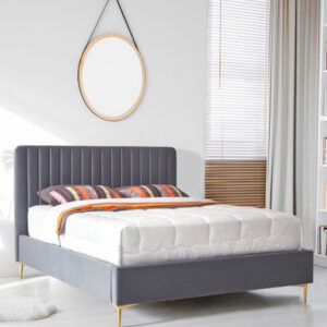 Lenox Velvet Fabric King Size Bed In Grey With Gold Metal Legs