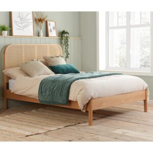 Marot Wooden Super King Size Bed With Rattan Headboard In Oak