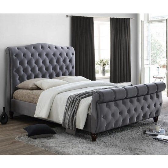 Tuxford King Size Bed In Grey Velvet With Dark Wood Feet