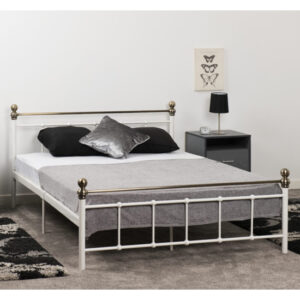 Malabo Metal Double Bed In White And Antique Brass