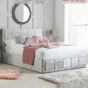 Hanover Fabric Ottoman Double Bed In Steel Crushed Velvet