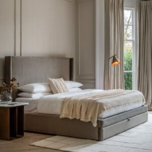 Hickory Velvet Double Bed With 2 Drawers In Taupe