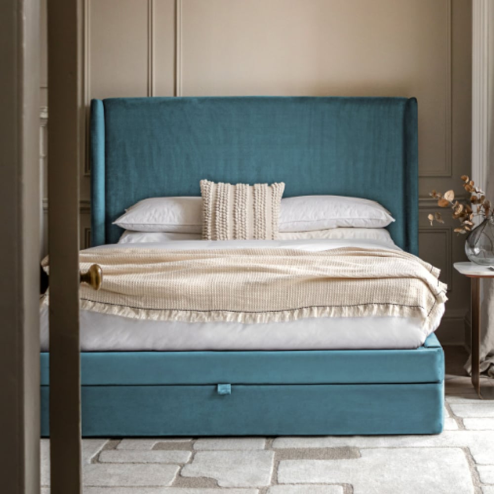 Hickory Velvet King Size Bed With 2 Drawers In Atlantic
