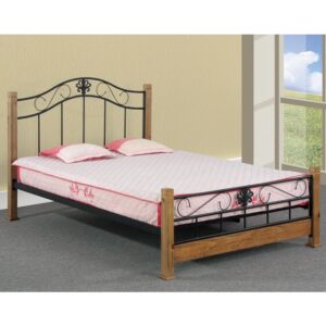Maspeth Metal King Size Bed With Wooden Pillar In Pine
