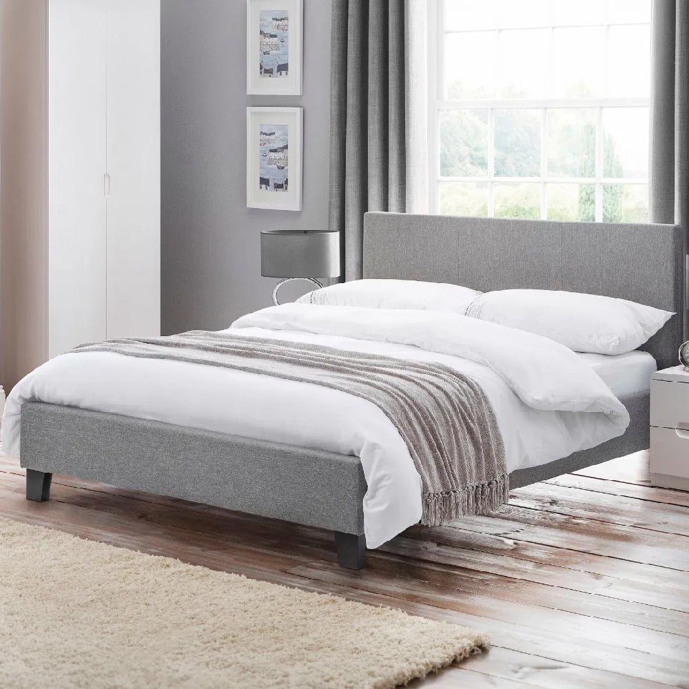 Rafiya Fabric Small Double Bed In Light Grey